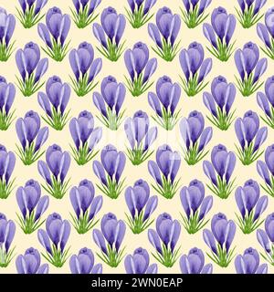 Aquarell lila Krokusse nahtloses Muster, Frühlingsblume Digitalpapier auf gelbem Hintergrund. Handgemalte Blumenabbildung. Für Textildesign Stockfoto