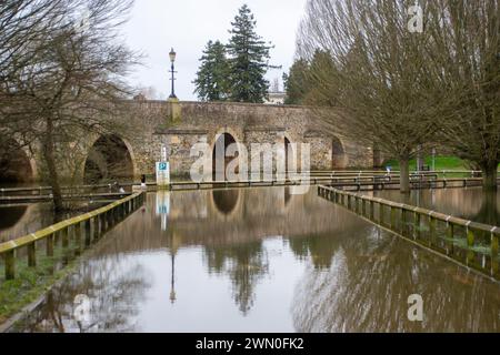 Wallingford, Oxfordshire, Großbritannien. Februar 2024. Der Parkplatz am Riverside in Wallingford bleibt unter Wasser. Die Themse in Wallingford, Oxfordshire, ist wieder über die Ufer geplatzt. Für die Themse, einschließlich Wallingford, gibt es weiterhin einen Hochwasseralarm. Quelle: Maureen McLean/Alamy Live News Stockfoto