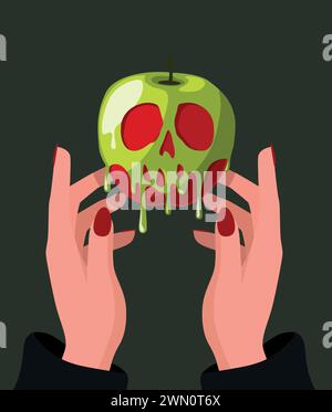 Hexe, die vergifteten roten Apfel hält, mit Schädelgift überzogen. Schneewittchen Halloween-Konzept Stock Vektor