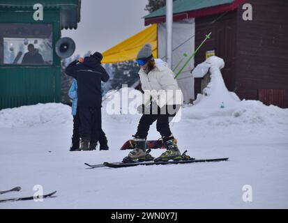 Gulmarg, Indien. Februar 2024. Ein Tourist genießt das Skifahren in einem Skicamp nach starkem Schneefall, der Touristen zu den Skicamps anzog, nachdem diese Campingplätze betroffen waren, weil es in einigen Tagen keinen Schnee im Gulmarg-Bezirk von Baramulla gab. Am 28. Februar 2024 in Gulmarg, Indien (Photoby Umer Qadir/Eyepix Group. (Kreditbild: © Umer Qadir/OKULARIS via ZUMA Press Wire) NUR REDAKTIONELLE VERWENDUNG! Nicht für kommerzielle ZWECKE! Stockfoto