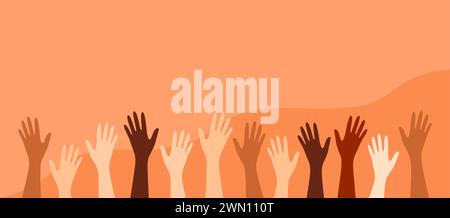 Hände von Frauen verschiedener Nationalitäten und Hauttöne, die nach oben reichen. Illustration des flachen Vektors mit Kopierraum Stock Vektor