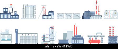 Industriefabriken und -Lager. Lagerung von Gas, Öl und Erdöl. Isoliert werden Gebäude und komplexe, flache neuere Vektorelemente hergestellt Stock Vektor