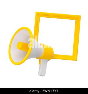 Gelber Rahmen mit Megaphon für Vertrieb isoliert. Angebot Promotion Konzept Modell. 3D-Rendering Stockfoto