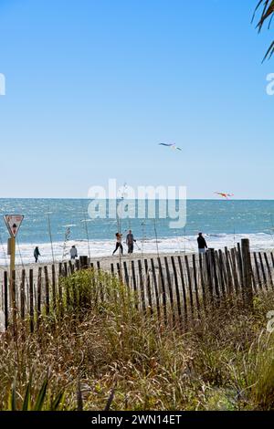 Urlauber, die Drachen am Strand fliegen — Myrtle Beach, South Carolina; 21. Februar 2024 Stockfoto