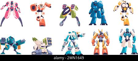 Kampfroboter. Roboterkrieg der Zukunft, Cartoon-Transformatoren Charaktere für Alien-Kampfspiel, futuristischer mechanischer Cyborg-Militärkrieger mächtige Maschine Klasse Vektor-Illustration des Kampfkrieges Stock Vektor