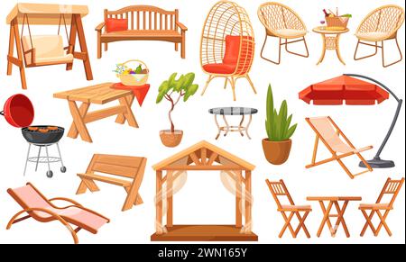 Cartoon-Möbel im Freien. Wohnterrasse Außenelemente, Rattanstühle Garten Grill, Hinterhof Picknick Terrasse Sitzbank und Tisch Vektor Illustration der Möbel Restaurant Hinterhof Stock Vektor