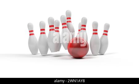 Bowlingkugel und Pins isoliert auf weißem Hintergrund. Schlag. 3D-Abbildung. Stockfoto