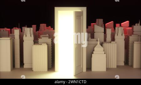 Licht taucht von der Tür aus, beleuchtet den Weg in die Stadt und verspricht Abenteuer und Entdeckungen. Modernes minimales Konzept. 3D-Rendering Stockfoto