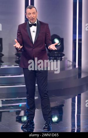 Rom, Italien. Februar 2024. Amadeus nimmt an der Rai-fernsehsendung La TV fa 70 im Auditorium Rai Teil. (Foto: Mario Cartelli/SOPA Images/SIPA USA) Credit: SIPA USA/Alamy Live News Stockfoto