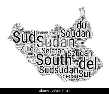 Schwarzweißwortwolke in südsudanesischer Form. Einfache typografische Darstellung des Landes. Schwarze Textwolke im Südsudan auf weißem Hintergrund. Stock Vektor