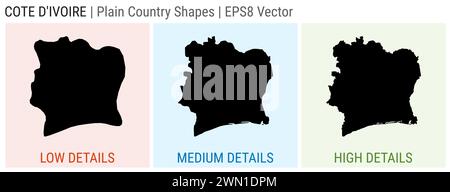 Elfenbeinküste - einfache Landhausform. Niedrige, mittlere und hohe detaillierte Karten der Elfenbeinküste. EPS8 Vektordarstellung. Stock Vektor