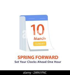 Frühjahrskalender am 10. März 2024 mit Datum der Sommerzeit. Banner-Erinnerungstext Stellen Sie Ihre Uhren eine Stunde voraus. Vektorillust Stock Vektor