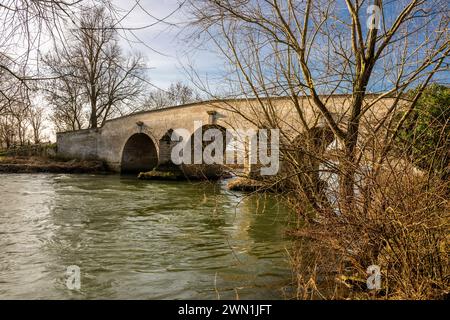 Milton Ferry Bridge, eine alte Kalksteinbrücke über den Fluss Nene am Rande der Überschwemmung im Februar 2024, Ferry Meadows, Peterborough, England Stockfoto