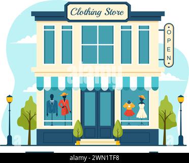 Bekleidungsgeschäft Vektor-Illustration durch Einkaufen für Kleidung oder Kleider für Mode Styles Frauen oder Männer in flachem Cartoon Hintergrund Design Stock Vektor