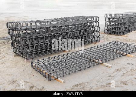 Nahansicht der Stahlverstärkungsstäbe Stahlgitter für Construction Steel Rebar Stockfoto
