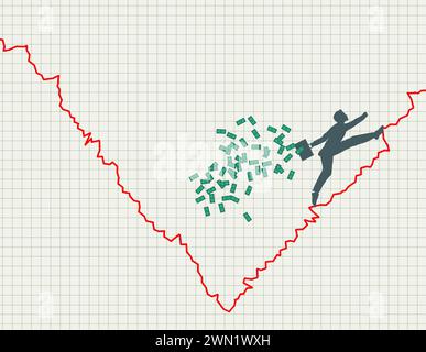 Ein Geschäftsmann, ein Investor, läuft mit seinem Geld und nimmt Gewinne vom Markt, während der IT-Trend steigt. Nehmen Sie das Geld und rennen Sie. Stockfoto