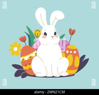 Süßes Kaninchen für ostern, Eier und Frühlingsblumen Stock Vektor
