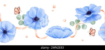 Ein nahtloser Rahmen. Zarte blaue Anemonen, Eukalyptusblätter, verziert mit Bändern, Strasssteinchen und Schmetterlingen. Aquarellillustration für Hochzeit Stockfoto