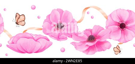 Ein nahtloser Rand mit zarten rosa Anemonen, verziert mit Bändern, Strasssteinchen und Schmetterlingen. Aquarellabbildung für Scrapbooking Stockfoto