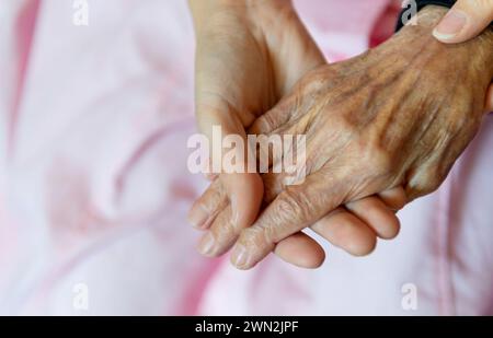 Die Hand des jungen Mädchens hält die zerknitterten Hände der alten Frau Stockfoto
