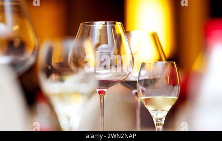 Weingläser mit Rot- und Weißwein Stockfoto