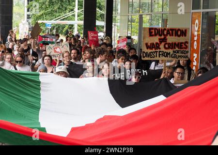 Australien, Canberra, 29. Februar 2024. Rund 200 Studenten in Canberra versammeln sich an der ANU und marschieren zu Alicia Paynes Büro, um die Labour-Regierung zu fordern, eine stärkere Position gegen Israels Völkermord-Krieg in Gaza einzunehmen. Stockfoto