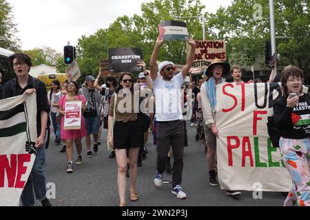 Australien, Canberra, 29. Februar 2024. Rund 200 Studenten in Canberra versammeln sich an der ANU und marschieren zu Alicia Paynes Büro, um die Labour-Regierung zu fordern, eine stärkere Position gegen Israels Völkermord-Krieg in Gaza einzunehmen. Stockfoto