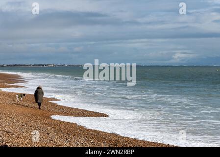 Dame, die mit einem Hund an einem ruhigen Kiesstrand spaziert, mit weißen Wellen am Ufer. Stockfoto