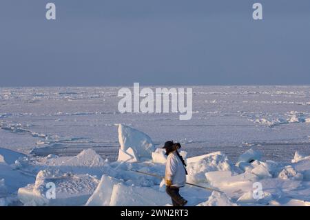 Der Inupiaq-Jäger Alan Lane Uqpiksaun Jagd auf Robben nahe offenem Blei am Point of Point Hope Tigia Arctic Alaska Stockfoto