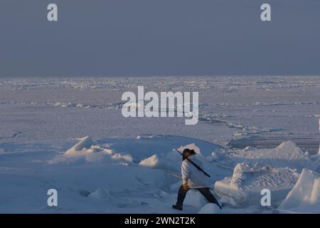 Der Inupiaq-Jäger Alan Lane Uqpiksaun Jagd auf Robben nahe offenem Blei am Point of Point Hope Tigia Arctic Alaska Stockfoto