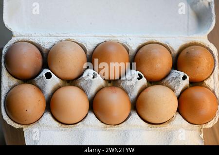 Berlin, Deutschland. Februar 2024. Eier liegen in einem Eierkarton in einem Restaurant. Quelle: Jens Kalaene/dpa/Alamy Live News Stockfoto