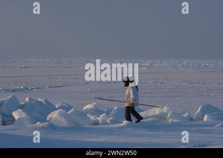 Der Inupiaq-Jäger Alan Lane Uqpiksaun Jagd auf Robben nahe offenem Blei am Point of Point Hope Tigia Arctic Alaska Stockfoto