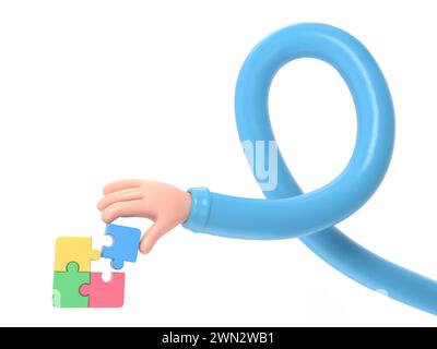 Cartoon Gesture Icon Mockup.Business Teamwork mit weißem Puzzle aus vier Teilen Cooperation Unity Concept.3D Rendering auf weißem Hintergrund.Long Arms Co Stockfoto