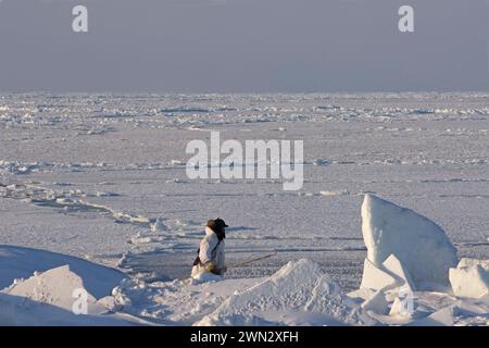 Der Inupiaq-Jäger Alan Lane Uqpiksaun Jagd auf Robben nahe offenem Blei am Point of Point Hope Tigia Arctic Alaska Stockfoto