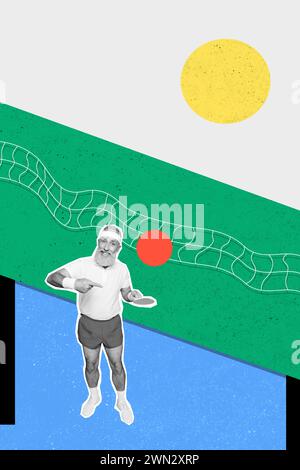 Kreatives Retro 3D Magazin Collage Bild von lustigen sportlichen Mann spielt Tischtennis isolierten bunten Hintergrund Stockfoto