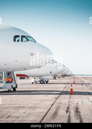 Eine Reihe von Flugzeugen, die am Flughafen geparkt sind. Seitenansicht der vorderen Teile von Dutzenden Passagierflugzeugen, die in einer Reihe auf der Start- und Landebahn des Flughafens angeordnet sind. Fluchtpunkt-Ansicht. Stockfoto