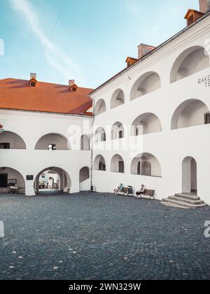 Innenhof des Palanok Castle an einem sonnigen Tag. Kopfsteinpflasterter Innenhof der mittelalterlichen Burg in Zakarpattia. Stockfoto