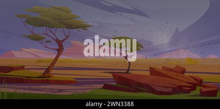 Westliche Wüstenlandschaft während Sandsturm. Karikaturvektor-Illustration der westlichen Sandlandschaft im Sturm mit felsigen Klippenbergen, grünen Bäumen, Wind mit Staub und Smog in der Luft, bewölkter Schlammhimmel. Stock Vektor