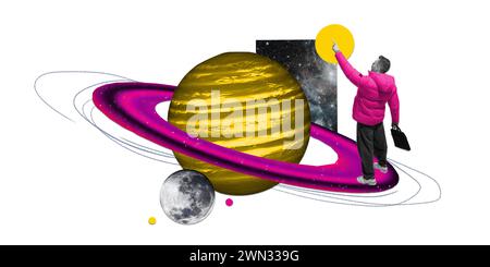 Poster. Zeitgenössische Kunstcollage. Junger Mann mit Aktentasche steht auf lebendigen Kreisen und berührenden, stilisierten Planeten. Neue Wörter entdecken. Stockfoto