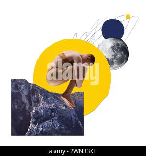 Poster. Moderne ästhetische Kunstwerke. Junger Mann, der sich auf Klippenkante im Weltraum hockt mit Himmelskörpern. Weltraumforschung. Stockfoto