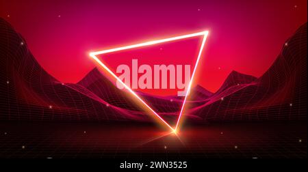Synthwave-Hintergrund mit abstraktem Gitter-Berglandschaft und hell leuchtendem Neondreieck. Realistische Vektor-Illustration eines neuen Retro Wave Style Hintergrunds für Musik Cover oder retrofuturistisches Banner. Stock Vektor