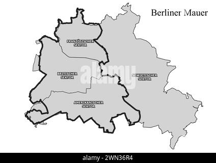 Berliner Mauer Kurskarte mit Bezirken mit Sektoren schwarz-weiß Stockfoto