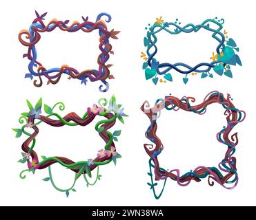Rahmen aus Lianenrebe mit Blättern und Blüten. Cartoon-Vektor-Satz von Grenzen von Dschungelpflanzenzweigen. Kriechende, hängende Regenwaldbaumvegetation in Form von rechteckigem Kasten und Abzeichen. Stock Vektor