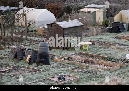 Kleingärten im Winter, Warwick, Warwickshire, Großbritannien Stockfoto