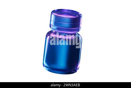 Medizinische Flasche mit dunklem Neonlichteffekt, 3D-Rendering. 3D-Abbildung. Stockfoto