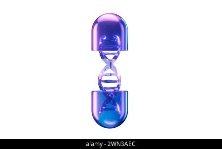 DNA und Kapsel mit dunklem Neonlicht-Effekt, 3D-Rendering. 3D-Abbildung. Stockfoto