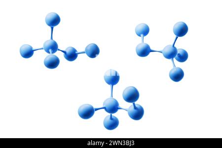 Blaue Moleküle mit verschiedenen Winkeln, 3D-Rendering. 3D-Abbildung. Stockfoto