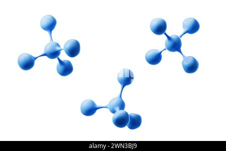 Blaue Moleküle mit verschiedenen Winkeln, 3D-Rendering. 3D-Abbildung. Stockfoto