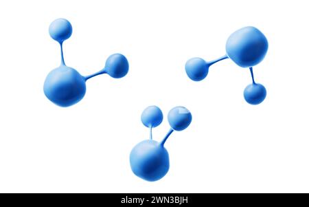 Blaue Moleküle mit verschiedenen Winkeln, 3D-Rendering. 3D-Abbildung. Stockfoto