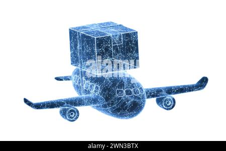 Flugzeug und Fracht mit blauer Technologie, 3D-Rendering. 3D-Abbildung. Stockfoto